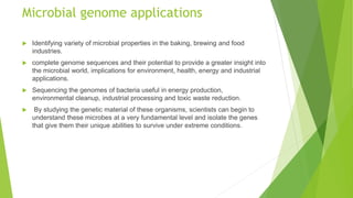 Microbial genome applications
 Identifying variety of microbial properties in the baking, brewing and food
industries.
 complete genome sequences and their potential to provide a greater insight into
the microbial world, implications for environment, health, energy and industrial
applications.
 Sequencing the genomes of bacteria useful in energy production,
environmental cleanup, industrial processing and toxic waste reduction.
 By studying the genetic material of these organisms, scientists can begin to
understand these microbes at a very fundamental level and isolate the genes
that give them their unique abilities to survive under extreme conditions.
 
