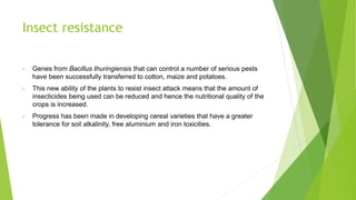 Insect resistance
• Genes from Bacillus thuringiensis that can control a number of serious pests
have been successfully transferred to cotton, maize and potatoes.
• This new ability of the plants to resist insect attack means that the amount of
insecticides being used can be reduced and hence the nutritional quality of the
crops is increased.
• Progress has been made in developing cereal varieties that have a greater
tolerance for soil alkalinity, free aluminium and iron toxicities.
 