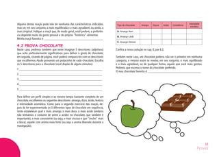 Provas
12
Alguma destas maçãs pode não ter nenhuma das características indicadas,
mas ser, em seu conjunto, a mais equilibrada e a mais agradável, ou ainda, a
mais original. Indique a maçã que, de modo geral, você prefere; a preferên-
cia depende muito do gosto pessoal e do próprio “histórico” alimentar.
Minha maçã favorita é: _______________________________________
4.2 PROVA CHOCOLATE
Neste caso, pedimos também que tente imaginar 5 descritores (adjetivos)
que ache particularmente significativos para definir o gosto do chocolate;
em seguida, virando de página, você poderá compará-los com os descritores
que escolhemos. Ajude provando um pedacinho de cada chocolate. Escolha
os 5 descritores para o chocolate (você dispõe de alguns minutos):
1 _______________________________________________________
2 _______________________________________________________
3 _______________________________________________________
4 _______________________________________________________
5 _______________________________________________________
Para definir um perfil simples e ao mesmo tempo bastante completo de um
chocolate, escolhemos os seguintes descritores: amargo, doce, ácido, textura
e intensidade aromática. Como para o segundo exercício das maçãs, de-
pois de ter experimentado os 3 diferentes tipos de chocolate em sequência,
tente estabelecer qual o mais amargo, o mais doce, o mais ácido (embora
não tenhamos o costume de sentir a acidez no chocolate, que também é
importante), o mais consistente (ou seja, o mais viscoso e que “enche” mais
a boca), aquele com aroma mais forte (ou seja o aroma liberado durante a
mastigação).
Tipo de chocolate Amargor Doçura Acidez Consistência
Intensidade
aromática
A. Amargo Novi
B. Amargo Lindt
C. Amargo Domori
Confira a nossa solução no cap. 6, par 6.2.
Também neste caso, um chocolate poderia não ser o primeiro em nenhuma
categoria, e mesmo assim se revelar, em seu conjunto, o mais equilibrado
e o mais agradável, ou de qualquer forma, aquele que você mais gostou.
Pedimos que escreva o nome do chocolate preferido.
O meu chocolate favorito é: ___________________________________
 