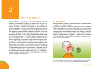Os Sentidos
2
Muitos acreditam que o gosto seja o único sentido realmente importante
quando se come e quando se saboreia um alimento. Mas não é bem as-
sim: quando experimentamos algo, utilizamos todos os cinco sentidos: visão,
audição, tato, olfato e paladar. Os cinco sentidos são os instrumentos que
utilizamos para avaliar a comida e a sua qualidade e para, ao mesmo tempo,
tirar prazer da mesma. É claro que gostamos do sabor daquilo que comemos,
mas também, e sobretudo, gostamos de seu aroma: pensem no aroma de
um café! Ou na importância das sensações táteis na boca ao saborear a cre-
mosidade de um sorvete.A satisfação ao morder uma maçã crocante se deve
em parte também à audição. E a visão? Seja qual for a região do planeta na
qual vivemos, a primeira coisa que se faz frente à comida, é observá-la aten-
tamente para verificar se corresponde às suas características típicas, se tem
um aspecto “normal”. Com a visão também fazemos uma avaliação estética
da comida: por exemplo uma fruta ou um queijo podem ser bonitos ou feios.
Quem degusta por profissão - como por exemplo os sommeliers ou os de-
gustadores de café - utiliza os próprios sentidos para avaliar a qualidade da
comida. Há análises preliminares, como por exemplo a observação da cor de
um vinho, que dá indícios sobre a idade do mesmo. Passar um queijo entre
as pontas dos dedos permite compreender algo sobre a sua consistência. O
olfato pode nos dar informações ainda mais ricas, detalhadas e estimulantes
sobre as características dos alimentos.
2.1 O GOSTO
Quando comemos as substâncias dotadas de sabor são percebidas na língua
e no palato pelos receptores do gosto.
As substâncias com cheiro contidas nos alimentos, ao contrário, tendem a
liberar-se, impregnando o ar ao redor. A circulação do ar entre a boca e
o nariz permite que as substâncias com cheiro cheguem à cavidade nasal
subindo por trás do palato mole, e na cavidade nasal alcançam o órgão sen-
sorial do olfato. Os aromas de um alimento ou de uma bebida são portanto
percebidos também durante a mastigação e a ingestão. Boca e nariz estão
em comunicação, gosto e olfato trabalham juntos para interpretar as carac-
terísticas de alimentos e bebidas.
2
Fig. 1:As substâncias aromáticas podem alcançar o órgão sensorial do olfato
por via direta, através das narinas, ou por via indireta, por via retronasal.
OS SENTIDOS
 