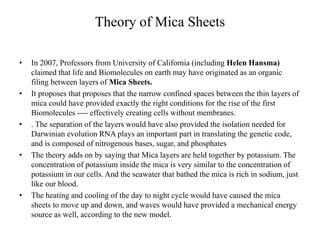Theory of Mica Sheets 
• In 2007, Professors from University of California (including Helen Hansma) 
claimed that life and Biomolecules on earth may have originated as an organic 
filing between layers of Mica Sheets. 
• It proposes that proposes that the narrow confined spaces between the thin layers of 
mica could have provided exactly the right conditions for the rise of the first 
Biomolecules ---- effectively creating cells without membranes. 
• . The separation of the layers would have also provided the isolation needed for 
Darwinian evolution RNA plays an important part in translating the genetic code, 
and is composed of nitrogenous bases, sugar, and phosphates 
• The theory adds on by saying that Mica layers are held together by potassium. The 
concentration of potassium inside the mica is very similar to the concentration of 
potassium in our cells. And the seawater that bathed the mica is rich in sodium, just 
like our blood. 
• The heating and cooling of the day to night cycle would have caused the mica 
sheets to move up and down, and waves would have provided a mechanical energy 
source as well, according to the new model. 
 