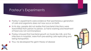 Pasteur’s Experiments 
Pasteur’s experiments were evidence that spontaneous generation of cells and organisms does not now occur on Earth. 
In his day, people did not realise that bacterial infections were transmitted from person to person, so hand washing and treatment of food was not commonplace 
Pasteur showed that bacterial growth on foods like milk, and the infections in hospitals, were from pre-existing cells replicating and being transported. 
Thus, he developed the germ theory of disease  
