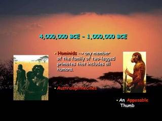 4,000,000 BCE – 1,000,000 BCE


Hominids --> any member
of the family of two-legged
primates that includes all
humans.

 Australopithecines

 An

Apposable
Thumb

 