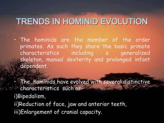 • The hominids are the member of the order
primates. As such they share the basic primate
characteristics
including
a
generalized
skeleton, manual dexterity and prolonged infant
dependent.
• The hominids have evolved with several distinctive
characteristics such asi)Bipedalism,
ii)Reduction of face, jaw and anterior teeth,
iii)Enlargement of cranial capacity.

 