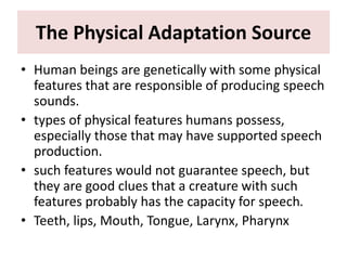 The Physical Adaptation Source
• Human beings are genetically with some physical
features that are responsible of producing speech
sounds.
• types of physical features humans possess,
especially those that may have supported speech
production.
• such features would not guarantee speech, but
they are good clues that a creature with such
features probably has the capacity for speech.
• Teeth, lips, Mouth, Tongue, Larynx, Pharynx
 