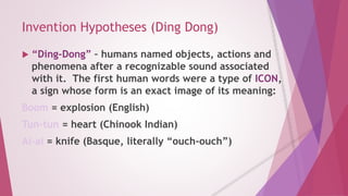 Invention Hypotheses (Ding Dong) 
 “Ding-Dong” – humans named objects, actions and 
phenomena after a recognizable sound associated 
with it. The first human words were a type of ICON, 
a sign whose form is an exact image of its meaning: 
Boom = explosion (English) 
Tun-tun = heart (Chinook Indian) 
Ai-ai = knife (Basque, literally “ouch-ouch”) 
 