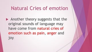 Natural Cries of emotion 
 Another theory suggests that the 
original sounds of language may 
have come from natural cries of 
emotion such as pain, anger and 
joy. 
 