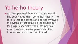 Yo-he-ho theory 
 Another proposal involving natural sound 
has been called the “ yo-he-ho” theory. The 
idea is that the sounds of a person involved 
in physical effort could be the source our 
language, especially when that physical 
effort involved several people and the 
interaction had to be coordinated. 
 