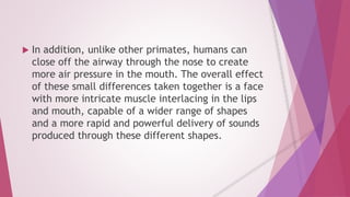  In addition, unlike other primates, humans can 
close off the airway through the nose to create 
more air pressure in the mouth. The overall effect 
of these small differences taken together is a face 
with more intricate muscle interlacing in the lips 
and mouth, capable of a wider range of shapes 
and a more rapid and powerful delivery of sounds 
produced through these different shapes. 
 