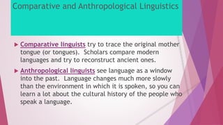 Comparative and Anthropological Linguistics 
 Comparative linguists try to trace the original mother 
tongue (or tongues). Scholars compare modern 
languages and try to reconstruct ancient ones. 
 Anthropological linguists see language as a window 
into the past. Language changes much more slowly 
than the environment in which it is spoken, so you can 
learn a lot about the cultural history of the people who 
speak a language. 
 