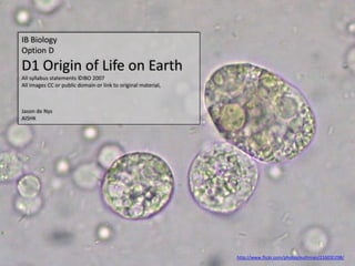 IB Biology Option D D1 Origin of Life on Earth All syllabus statements ©IBO 2007 All images CC or public domain or link to original material, Jason de Nys AISHK http://www.flickr.com/photos/euthman/216030298/ 