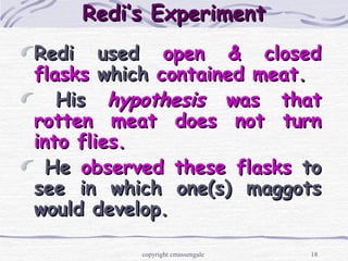 18
Redi’s ExperimentRedi’s Experiment
Redi usedRedi used open & closedopen & closed
flasksflasks whichwhich contained meatcontained meat..
HisHis hypothesishypothesis was thatwas that
rotten meat does not turnrotten meat does not turn
into flies.into flies.
HeHe observedobserved these flasksthese flasks toto
see in which one(s) maggotssee in which one(s) maggots
would develop.would develop.
copyright cmassengale
 