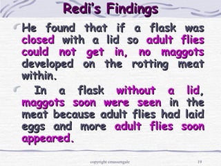 19
Redi’s FindingsRedi’s Findings
He found that if a flask wasHe found that if a flask was
closedclosed with a lid sowith a lid so adult fliesadult flies
could not get in, no maggotscould not get in, no maggots
developed on the rotting meatdeveloped on the rotting meat
within.within.
In a flaskIn a flask without a lidwithout a lid,,
maggots soon were seenmaggots soon were seen in thein the
meat because adult flies had laidmeat because adult flies had laid
eggs and moreeggs and more adult flies soonadult flies soon
appeared.appeared.
copyright cmassengale
 