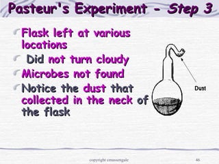 46
Pasteur's Experiment -Pasteur's Experiment - Step 3Step 3
Flask left at variousFlask left at various
locationslocations
DidDid not turn cloudynot turn cloudy
Microbes not foundMicrobes not found
Notice theNotice the dustdust thatthat
collected in the neckcollected in the neck ofof
the flaskthe flask
copyright cmassengale
 