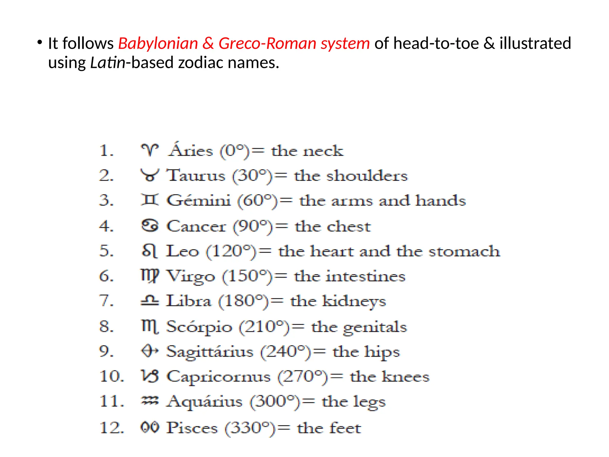 6
• It follows Babylonian & Greco-Roman system of head-to-toe & illustrated
using Latin-based zodiac names.
 