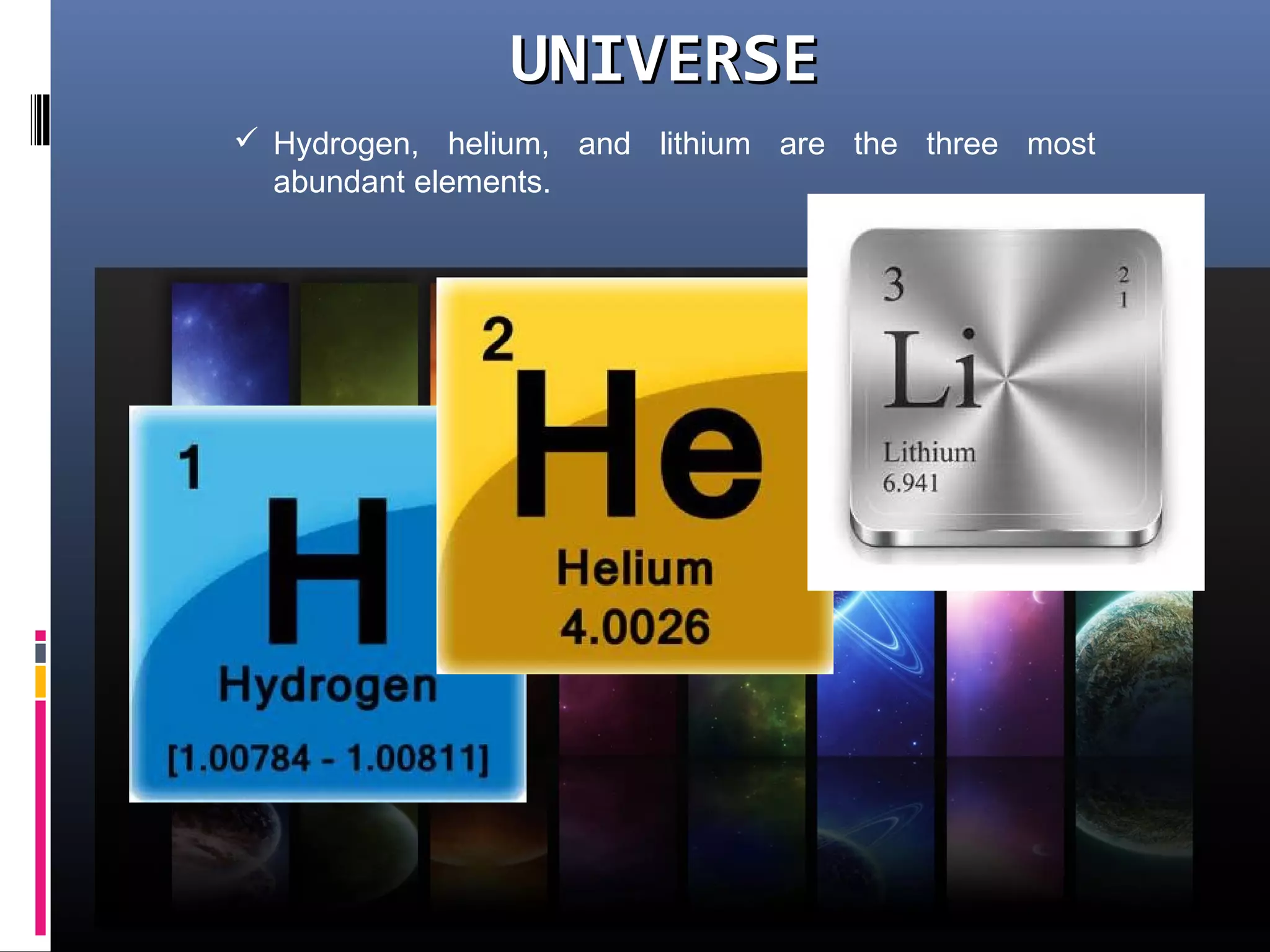 UNIVERSEUNIVERSE
 Hydrogen, helium, and lithium are the three most
abundant elements.
 
