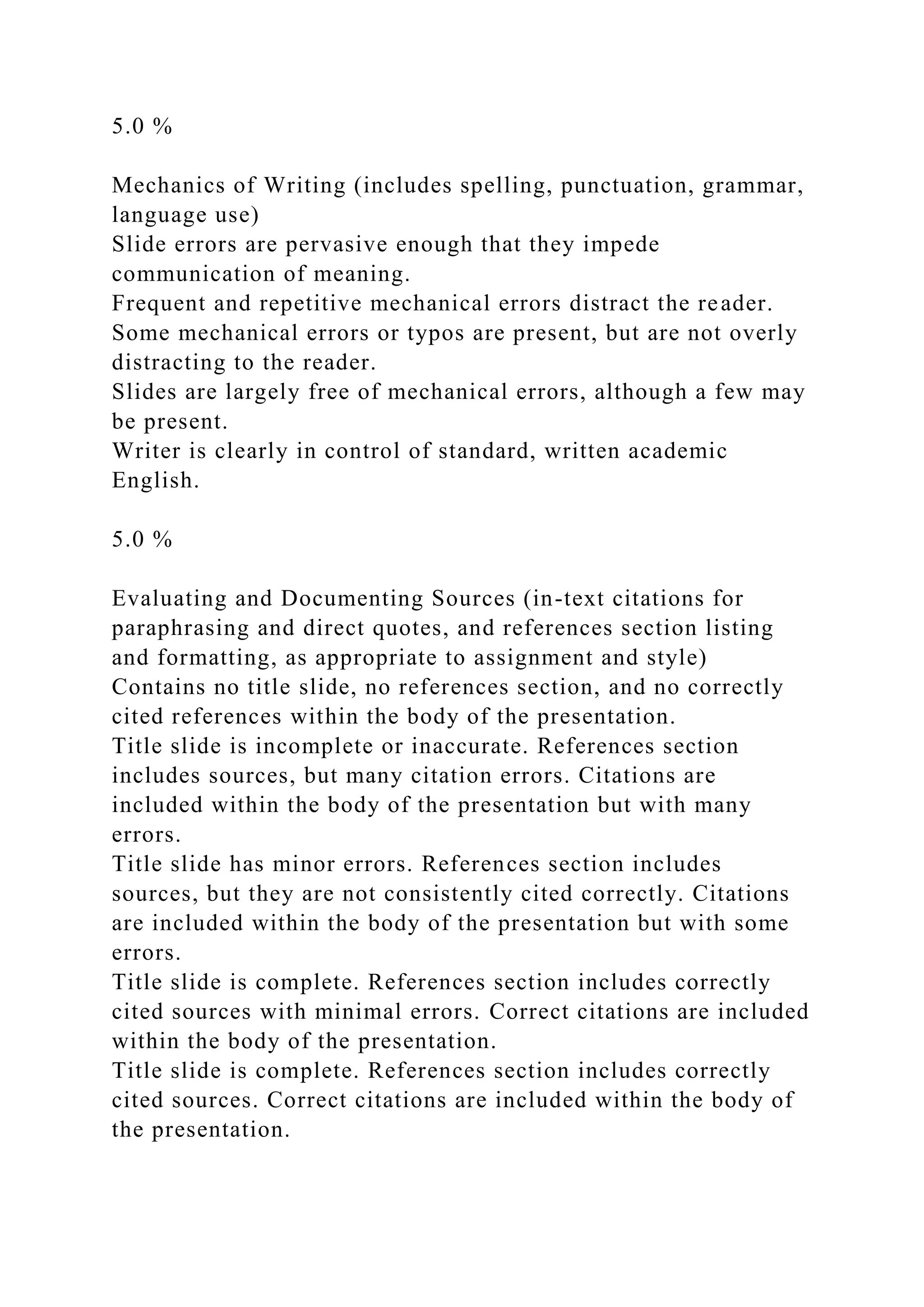 5.0 %
Mechanics of Writing (includes spelling, punctuation, grammar,
language use)
Slide errors are pervasive enough that they impede
communication of meaning.
Frequent and repetitive mechanical errors distract the reader.
Some mechanical errors or typos are present, but are not overly
distracting to the reader.
Slides are largely free of mechanical errors, although a few may
be present.
Writer is clearly in control of standard, written academic
English.
5.0 %
Evaluating and Documenting Sources (in-text citations for
paraphrasing and direct quotes, and references section listing
and formatting, as appropriate to assignment and style)
Contains no title slide, no references section, and no correctly
cited references within the body of the presentation.
Title slide is incomplete or inaccurate. References section
includes sources, but many citation errors. Citations are
included within the body of the presentation but with many
errors.
Title slide has minor errors. References section includes
sources, but they are not consistently cited correctly. Citations
are included within the body of the presentation but with some
errors.
Title slide is complete. References section includes correctly
cited sources with minimal errors. Correct citations are included
within the body of the presentation.
Title slide is complete. References section includes correctly
cited sources. Correct citations are included within the body of
the presentation.
 