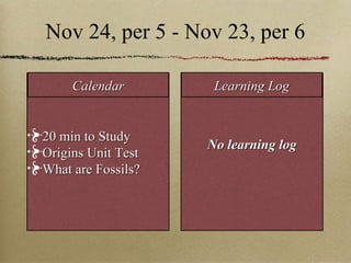 Nov 24, per 5 - Nov 23, per 6 20 min to Study  Origins Unit Test What are Fossils? No learning log Calendar Learning Log 