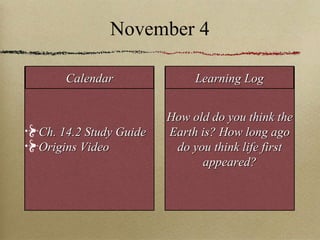 November 4 Ch. 14.2 Study Guide Origins Video How old do you think the Earth is? How long ago do you think life first appeared? Calendar Learning Log 