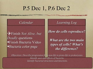 P.5 Dec 1, P.6 Dec 2 Finish  Not Alive, but Deadly  questions Finish Bacteria Video Bacteria color page How do cells reproduce? What are the two main types of cells? What’s the difference? Calendar Learning Log Objectives: Describe progression from non-life to proto-life to prokaryotes.  Identify uses and effects of bacteria.  Identify bacterial structures and functions. 