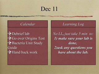 Dec 11 Debrief lab Go over Origins Test Bacteria Unit Study Guide Hand back work No LL ,  just take 5 min  to: 1) make sure your lab is done,  2)ask any questions you have about the lab. Calendar Learning Log 
