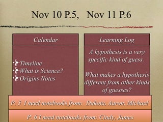 Nov 10 P.5,  Nov 11 P.6 Timeline What is Science? Origins Notes A hypothesis is a very specific kind of guess.  What makes a hypothesis different from other kinds of guesses? Calendar Learning Log P. 5  I need notebooks from:  Dakota, Aaron, Michael  P. 6 I need notebooks from: Cindy, James 