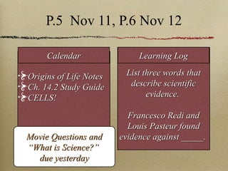 P.5  Nov 11, P.6 Nov 12 Origins of Life Notes Ch. 14.2 Study Guide CELLS! List three words that describe scientific evidence.  Francesco Redi and Louis Pasteur found evidence against _____.  Calendar Learning Log Movie Questions and “ What is Science?”  due yesterday 