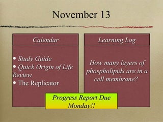 November 13 Study Guide Quick  Origin of Life Review  The Replicator  How many layers of phospholipids are in a cell membrane?  Calendar Learning Log Progress Report Due Monday!! 