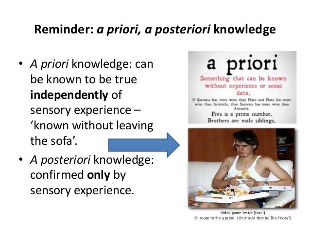 a priori a posteriori differences A priori (from the latin from the earlier) estimates depend only on the exact, but not the computed approximate, solution and hence can be (in theory if not in practice) evaluated before computing the solution conversely, a posteriori (from the latin from the later) estimates depend on the computed solution but not the exact solution, so. a priori a posteriori differences A priori (from the latin from the earlier) estimates depend only on the exact, but not the computed approximate, solution and hence can be (in theory if not in practice) evaluated before computing the solution conversely, a posteriori (from the latin from the later) estimates depend on the computed solution but not the exact solution, so.