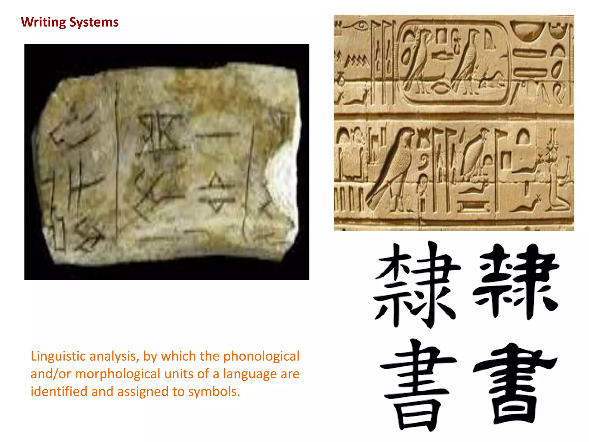 9
Writing Systems
Linguistic analysis, by which the phonological
and/or morphological units of a language are
identified and assigned to symbols.
 