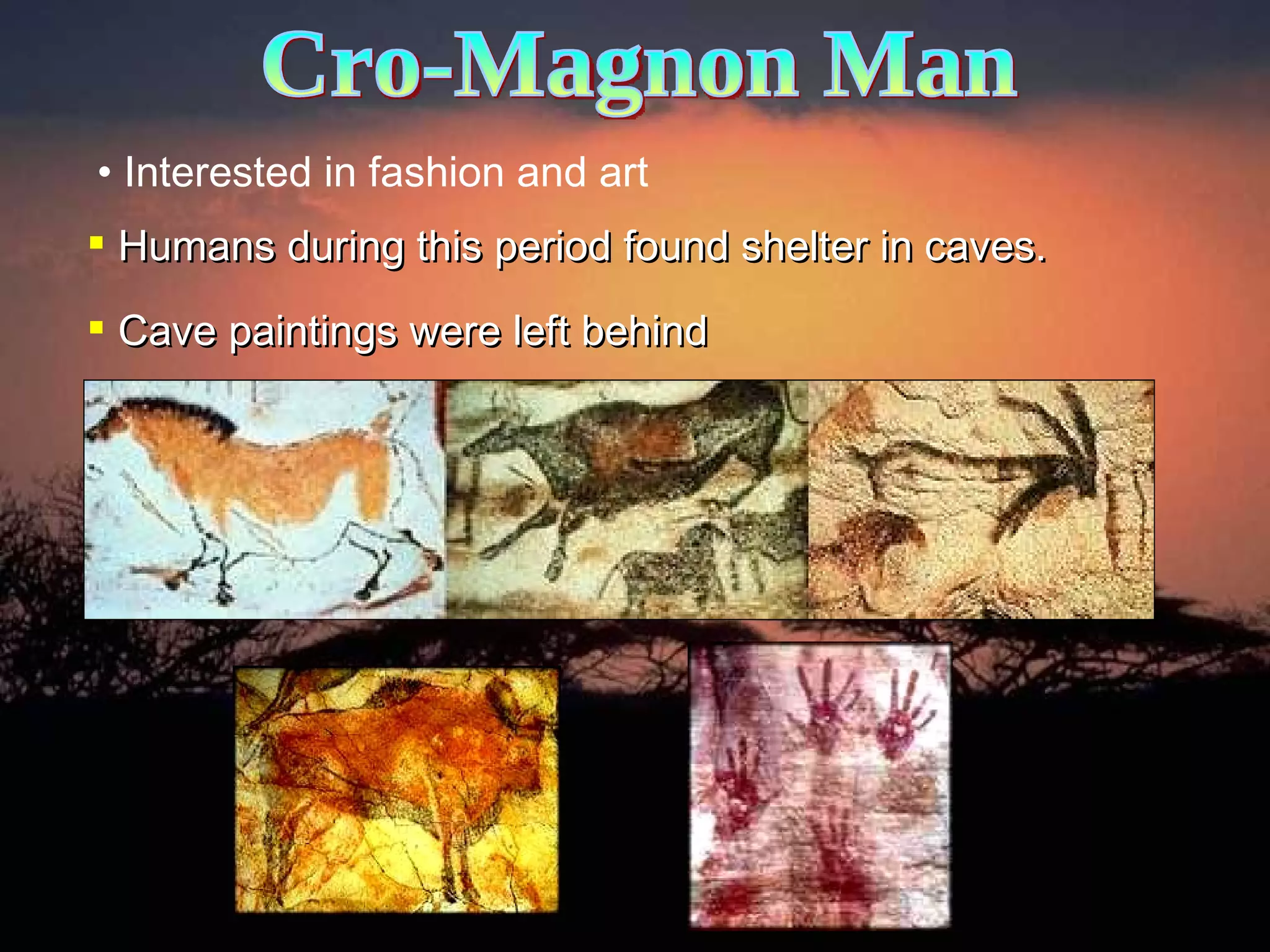 Humans during this period found shelter in caves. Cave paintings were left behind  Interested in fashion and art Cro-Magnon Man 