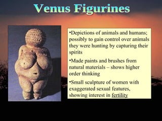Depictions of animals and humans; possibly to gain control over animals they were hunting by capturing their spirits Made paints and brushes from natural materials – shows higher order thinking  Small sculpture of women with exaggerated sexual features, showing interest in  fertility Venus Figurines 