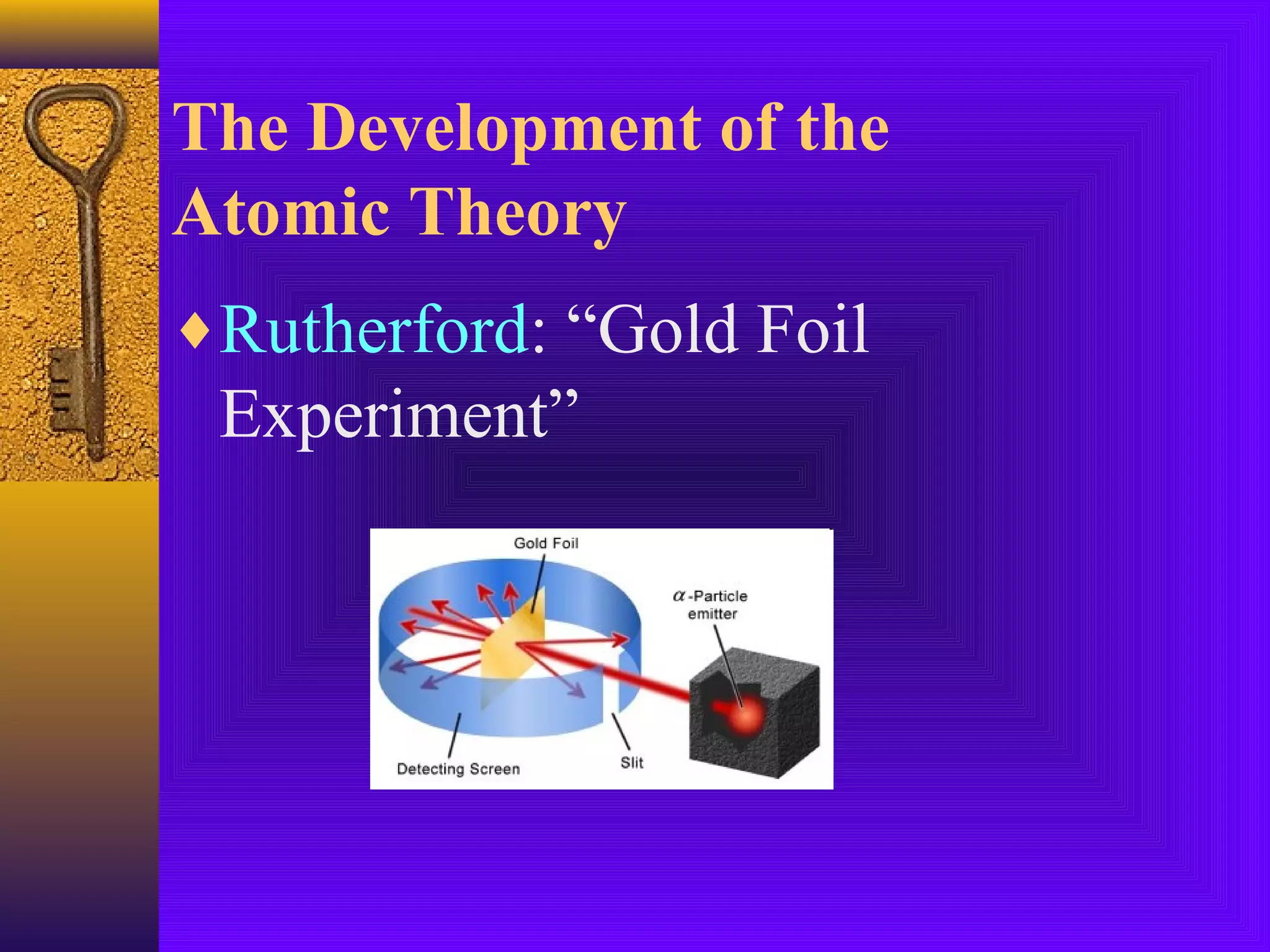 The Development of the
Atomic Theory
♦Rutherford: “Gold Foil
 Experiment”
 