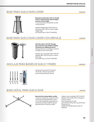 DISPOSITIVOS DE ANCLAJE
Base para montaje sobre suelo con drenaje
de 11/2“. Puede montarse sobre el forjado
antes de verter hormigón.
A concrete quality of at least B25 concrete
must be ensured.
Material: stainless steel 1.4571 (V4A), PA
Dimensions: 280 x 420 mm (width x height)
Weight: 12 Kg
EN 795:2012 Tipo A • CEN/TS 16415:2013
BASE PARA SUELO IKAR LOWER X4009XX00
Flush floor sleeve with 3/8" drainage
pipe connection to be installed to existing
concrete by core-drilling and resin fix.
Debe garantizarse una calidad concreta de
hormigón de, como mínimo, B25.
Material: acero inoxidable 1.4571 (V4A), PA
Medidas: 280 x 420 mm (anchura x altura)
Peso: 12 kg
EN 795:2012 Tipo A • CEN/TS 16415:2013
BASE PARA SUELO IKAR LOWER CON DRENAJE X4010XX00
Anclaje químico tipo MKT VMZ-AA4
145 m16-30 / 200 para bases IKAR
para montaje sobre suelo y pared.
ANCLAJE PARA BASES DE SUELO Y PARED X4008XX00
Base móvil de montaje rápido y sencillo.
La base se compone de un soporte central
y dos pares de patas delanteras y trase-
ras con altura ajustable y aseguradas con
pasadores de bloqueo esférico. El brazo
pescante tiene una rotación de 360º.
Material: acero inoxidable 1.4571 (V4A), PA
Medidas: 1.763 x 2.228 x 450 mm (longitud x
anchura x altura)
Peso: 23,4 kg (toma central)
pata delantera 8,1 kg cada una, pata trasera
9,2 kg cada una
XCE 0299 • EN 795:2012 Tipo B • CEN/TS
16415:2013
BASE MÓVIL PARA SUELO IKAR X4011XX00
101
Dispositivos
 