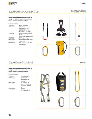 Equipo destinado a la sujeción en el lugar de
trabajo o a la fijación a las líneas de anclaje.
Equipo versátil y ligero que contiene:
El equipo contiene:
W0091BY	 ROOF MASTER
W1011WB20	 SITE – Locker + cuerda 	
	 semiestática 11 mm
	 (ROFER SET 10 – 10 m, 		
	 ROFER SET 20 – 20m)
W2016X120	 Elemento de amarre 120, 	
	 22 kN 			
	 (doble cinta de seguridad)
K0122EE07	 OXY triple cierre
K4241ZO07	 mosquetón oval de acero, 	
	 triple cierre
S9000YY35	 Bolsa de transporte 35 L 	
	AMARILLO
SETS
EQUIPO PARA CUBIERTAS
ROOFER SET 10 – M0020X1
ROOFER SET 20 – M0020X2
Equipo destinado a la sujeción en el lugar de
trabajo o a la fijación a las líneas de anclaje.
Equipo versátil y ligero que contiene:
El equipo contiene:
W0089SY	 ARNÉS BASIC
W4100Y160	 JOULE 160
	 Absorbedor de 		
	energía
K4241ZO05	 MOSQUETÓN 		
	 OVAL DE ACERO, 	
	 CIERRE DE ROSCA 	
	x2
W0052B010	 BOLSA 		
	 DE TRABAJO 10L
EQUIPO ANTICAÍDAS M0022XX
124
 