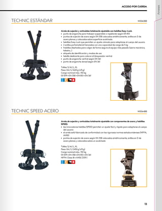 Arnés de sujeción y anticaídas totalmente ajustable con hebillas Easy–Lock.
•	 punto de enganche para trabajar suspendido o rapelando según EN 813
•	 puntos de sujeción de acero según EN 358 colocados simétricamente, anillos en D de
acero planos y colocados sobre superficie acolchada
•	 hebillas Easy-Lock que permiten un ajuste cómodo para adaptarse al cuerpo del usuario
•	 2 anillos portamaterial trenzados con una capacidad de carga de 5 kg
•	 trabillas diseñadas para colgar de forma segura el equipo más pesado (sierra mecánica,
taladro...)
•	 etiqueta de identificación y modos de uso
•	 hebilla deslizante para colocar el bloqueador ventral
•	 punto de enganche ventral según EN 361
•	 punto de enganche dorsal según EN 361
Tallas: S, M/L, XL
Peso: (M/L) 1620 g (±15 g)
Carga nominal máx.: 150 kg
XCE 1019 • EN 358 • EN 813 • EN 361
CFIR
Arnés de sujeción y anticaídas totalmente ajustable con componentes de acero y hebillas
SPEED.
•	 las innovadoras hebillas SPEED permiten un ajuste fácil y rápido para adaptarse al cuerpo
del usuario
•	 el arnés está fabricado de conformidad con las rigurosas normas estadounidenses (NFPA,
ANSI)
•	 puntos de sujeción de acero según EN 358 colocados simétricamente, anillos en D de
acero planos y colocados sobre un acolchado
Tallas: S, M/L, XL
Peso: (M/L) 2450 g (±15 g)
Carga nominal máx.: 150 kg
XCE 1019 • EN 358 • EN 813 • EN 361
NFPA Class III • ANSI Z359.1
CFIR
TECHNIC ESTÁNDAR W0063BB
W0064BB
TECHNIC SPEED ACERO
ACCESO POR CUERDA
Arneses
13
 