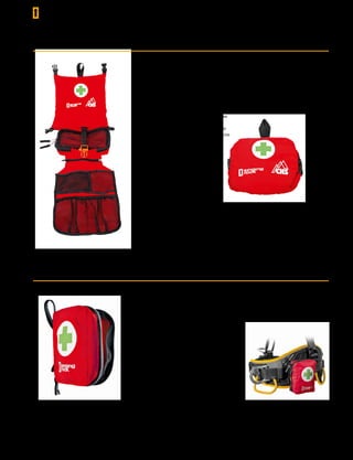 BOLSAS Y MOCHILAS
Botiquín de primeros auxilios compacto y
ligero para minimalistas
•	 No contiene los productos de primeros
auxilios
•	 ideal para los que prefieren elegir el
contenido del botiquín
•	 cremallera completa con componentes
reflectantes que garantizan una fácil
localización y un rápido acceso
•	 dos puntos de enganche
•	 compartimento interior de diferentes
tamaños; bolsillo de malla con cremallera
•	 unión al arnés o al cinturón lumbar de una
mochila mediante cinta con velcro
•	 se retira fácilmente del arnés con una
mano
•	 silbato de emergencia incluido
Medidas: 13 x 10 x 5 cm
Materiales: poliamida, poliéster
Peso: 61 g
BOTIQUÍN DE PRIMEROS AUXILIOS C0053RW
•	 No contiene los productos de primeros
auxilios
•	 ideal para los que prefieren elegir el
contenido del botiquín
•	 de color llamativo para aumentar la
visibilidad en caso de mal tiempo o
dentro de la mochila
•	 punto de enganche grande
•	 compartimentos interiores de diferentes
tamaños
•	 bolsillo de malla grande con cremallera
•	 hebilla interior con silbato de emergencia
•	 material duradero para uso en
condiciones exigentes
Medidas: 22 x 18 x 5 cm
Materiales: poliamida, poliéster
Peso: 189 g
BOTIQUÍN DE PRIMEROS AUXILIOS - GRANDE C0058RR00
136
 