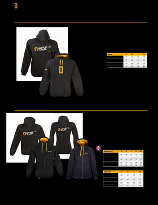 Sudadera cálida, agradable y cómoda con dos
bolsillos, capucha y cremallera
•	 las mangas más largas y el corte especial
garantizan la máxima comodidad en escala-
da o trabajos en altura
Estilo: hombre, mujer
Tallas: S, M, L, XL, XXL (XXL - solo para hombre)
Materiales: 90% algodón, 10% poliéster suave
Color: negro y amarillo
HOODY FULL ZIP
C1019BY – hombre
C1020BY – mujer
ROPA
Sudadera cálida, agradable y cómoda con
bolsillo tipo canguro y capucha grande.
Estilo: unisex
Tallas: XS, S, M, L, XL
Materiales: 90 % algodón, 10% poliéster
suave
Color: negro y amarillo
HOODY C1018BY
hombre (cm) S M L XL XXL
longitud parte
trasera
66 68 70 74 76
longitud parte
delantera
65 66 69 73 75
medidas pecho 102 110 122 128 134
longitud manga 73 76 78 80 82
mujer (cm) S M L XL
longitud parte
trasera
66 68 70 73
longitud parte
delantera
66 68 70 73
medidas pecho 88 102 104 118
longitud manga 74 75 77 80
unisex S M L XL
longitud parte trasera 64 67 70 72
longitud parte
delantera
57 58 61 62
medidas pecho 93 100 110 114
longitud manga 73 76 78 80
144
 