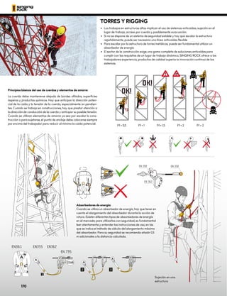 Ff = 0,5 Ff = 1 Ff = 1,5 Ff = 2 Ff > 2
Principios básicos del uso de cuerdas y elementos de amarre:
La cuerda debe mantenerse alejada de bordes afilados, superficies
ásperas y productos químicos. Hay que anticipar la dirección poten-
cial de la caída y la tensión de la cuerda, especialmente en pendien-
tes. Cuando se trabaja en construcciones, hay que prestar atención a
la dirección de conducción de la cuerda y anticipar su posible tensión.
Cuando se utilizan elementos de amarre ya sea por escalar la cons-
trucción o para sujetarse, el punto de anclaje debe colocarse siempre
por encima del trabajador para reducir al mínimo la caída potencial.
Sujeción en una
estructura
Absorbedores de energía:
Cuando se utiliza un absorbedor de energía, hay que tener en
cuenta el alargamiento del absorbedor durante la acción de
rotura. Existen diferentes tipos de absorbedores de energía
en el mercado; para utilizarlos con seguridad, es fundamental
leer atentamente y entender las instrucciones de uso, en las
que se indica el método de cálculo del alargamiento máximo
del absorbedor. Para su seguridad se recomienda añadir 0,5
m adicionales a la distancia calculada.
TORRES Y RIGGING
•	 Los trabajos en estructuras altas implican el uso de sistemas anticaídas, sujeción en el
lugar de trabajo, acceso por cuerda y posiblemente evacuación.
•	 Si no se dispone de un sistema de seguridad estable y hay que escalar la estructura
repetidamente, puede ser necesaria una línea anticaídas flexible
•	 Para escalar por la estructura de torres metálicas, puede ser fundamental utilizar un
absorbedor de energía
•	 El sector de la construcción exige una gama completa de soluciones anticaídas para
cumplir con los requisitos de un lugar de trabajo dinámico. SINGING ROCK ofrece a los
trabajadores experiencia, productos de calidad superior e innovación continua de los
sistemas.
170
 