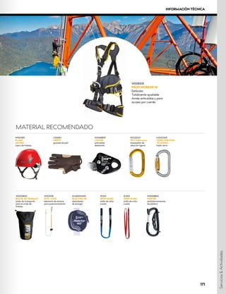 W9603RX
FLASH
ACCESS
casco de trabajo
C006BH
GRIPPY
guantes de piel
W1010BB09
LOCKER
anticaídas
deslizante
K0122EE07
OXY triple cierre
mosquetón de
aleación ligerar
K4241Z005
CONECTOR OV
AL
DE ACERO
triple cierre
K9000BB03
PORTER
portaherramientas
de plástico
W0052B010
BOLSA DE TRABAJO
bolsa de transporte
para el arnés de
trabajo
W1012WB
SITE + K370
elemento de amarre
para posicionamiento
W4400WW00
REACTOR 140
absorbedor
de energía
W2001
OPEN SLING
anillo de cinta
cosido
W2001
OPEN SLING
anillo de cinta
cosido
W0081DR
PROFI WORKER 3D
Estándar
Totalmente ajustable
Arnés anticaídas y para
acceso por cuerda
MATERIAL RECOMENDADO
Servicios
&
Actividades
171
INFORMACIÓN TÉCNICA
 