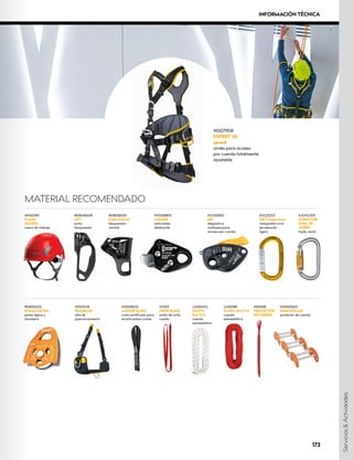 RK801EE00
POLEA EXTRA
polea ligera y
duradera
W0010YB
FRANKLIN
silla de
posicionamiento
W1015B020
LOCKER SLING
cinta certificada para
el anticaídas Locker
W0079DR
EXPERT 3D
speed
arnés para acceso
por cuerda totalmente
ajustable
L0450RR
STATIC R44 11.0
cuerda
semiestática
L0450WG
STATIC
R44 11.0
cuerda
semiestática
W9603RX
FLASH
ACCESS
casco de trabajo
RK804BX0R
LIFT
puño
bloqueador
RK805BX00
CAM CLEAN
bloqueador
ventral
W8100B
PROTECTOR
DE CUERDA
K00500S03
EDGE ROLLER
protector de cuerda
W2001
OPEN SLING
anillo de cinta
cosido
K0122EE07
OXY triple cierre
mosquetón oval
de aleación
ligera
K4241Z005
CONECTOR
OV
AL DE
ACERO
triple cierre
W1010BB09
LOCKER
anticaídas
deslizante
K032SIR00
SIR
dispositivo
multiusos para
acceso por cuerda
MATERIAL RECOMENDADO
Servicios
&
Actividades
173
INFORMACIÓN TÉCNICA
 