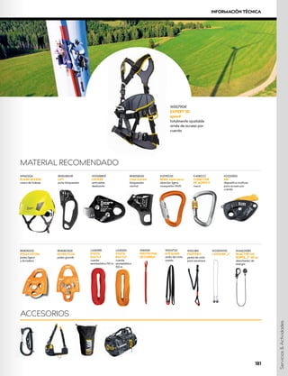 RK805BX00
CAM CLEAN
bloqueador
ventral
K4080ZO
CONECTOR 		
DE ACERO D
rosca
W2300W150
LANYARD „I“
W004*120
EYE SLING
anillo de cinta
cosido
W8100B
PROTECTOR
DE CUERDA
L0450RR
STATIC
R44 11.0
cuerda
semiestática 150 m
L045000
STATIC
R44 11.0
cuerda
semiestática
150 m
W9603QX
FLASH ACCESS
casco de trabajo
ACCESORIOS
MATERIAL RECOMENDADO
W0079DR
EXPERT 3D
speed
totalmente ajustable
arnés de acceso por
cuerda
RK804BX0R
LIFT
puño bloqueador
W1010BB09
LOCKER
anticaídas
deslizante
K032SIR00
SIR
dispositivo multiuso
para acceso por
cuerda
K0119EE00
BORA triple cierre
aleación ligera
mosquetón HMS
RK808OS00
EXTRA PLUS
polea grande
RK801EE00
POLEA EXTRA
polea ligera 		
y duradera
W1024BX
FOOTER II
pedal de cinta
para ascensos
W4462X085
REACTOR 140
ROPES „Y“ 85 cm
absorbedor de
energía
Servicios
&
Actividades
181
INFORMACIÓN TÉCNICA
 
