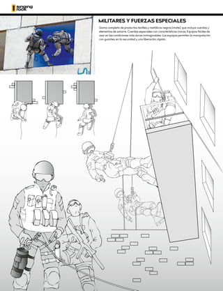 MILITARES Y FUERZAS ESPECIALES
Gama completa de productos textiles y metálicos negros (mate), que incluye cuerdas y
elementos de amarre. Cuerdas especiales con características únicas. Equipos fáciles de
usar en las condiciones más duras inimaginables. Los equipos permiten la manipulación
con guantes, en la oscuridad y una liberación rápida.
 