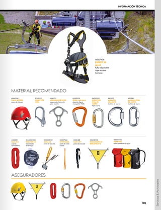 K6180ZO
ASEGURADOR OCHO
asegurador tipo ocho 	
para rescate
K82310Z
MAILLON
GRANDE D
maillon de acero
K82008Z
MAILLON OV
AL 	
DE ACERO
maillon de acero
W8201BY00
EV
ACUACIÓN DE
RESCATE SIT II
K0004BB
EASY LIFT
polea de rescate
W2001*060
OPEN SLING
anillo de cinta
cosido
W4400WW00
REACTOR 140
absorbedor
de energía
ASEGURADORES
MATERIAL RECOMENDADO
W0079DR
EXPERT 3D
speed
fully adjustable
rope access
harness
W9603QX
FLASH ACCESS
casco de trabajo
K0119EE00
BORA triple cierre
aleación ligera
mosquetón HMS
K4241Z005
CONECTOR
OV
AL DE
ACERO
triple cierre
S9000YY35
GEAR BAG
bolsa resistente al agua
K355OPP
CONECTOR
GIGA
L0250RR
Static 11.0
cuerda
semiestática
W0003BY09
AXILLAR
cinta de rescate
Servicios
&
Actividades
185
INFORMACIÓN TÉCNICA
 