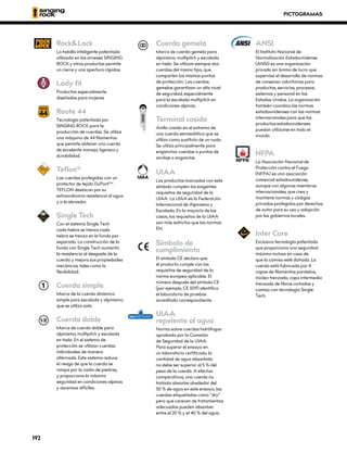 Rock&Lock
La hebilla inteligente patentada
utilizada en los arneses SINGING
ROCK y otros productos permite
un cierre y una apertura rápidos.
Lady fit
Productos especialmente
diseñados para mujeres
Route 44
Tecnología patentada por
SINGING ROCK para la
producción de cuerdas. Se utiliza
una máquina de 44 filamentos
que permite obtener una cuerda
de excelente manejo, ligereza y
durabilidad.
Teflon®
Las cuerdas protegidas con un
protector de tejido DuPontTM
TEFLON destacan por su
extraordinaria resistencia al agua
y a la abrasión.
Single Tech
Con el sistema Single Tech
cada hebra se trenza cada
hebra se trenza en la funda por
separado. La construcción de la
funda con Single Tech aumenta
la resistencia al desgaste de la
cuerda y mejora sus propiedades
mecánicas, tales como la
flexibilidad.
Cuerda simple
Marca de la cuerda dinámica
simple para escalada y alpinismo,
que se utiliza sola.
Cuerda doble
Marca de cuerda doble para
alpinismo, multipitch y escalada
en hielo. En el sistema de
protección se utilizan cuerdas
individuales de manera
alternada. Este sistema reduce
el riesgo de que la cuerda se
rompa por la caída de piedras,
y proporciona la máxima
seguridad en condiciones alpinas
y ascensos difíciles.
Cuerda gemela
Marca de cuerda gemela para
alpinismo, multipitch y escalada
en hielo. Se utilizan siempre dos
cuerdas del mismo tipo, que
comparten los mismos puntos
de protección. Las cuerdas
gemelas garantizan un alto nivel
de seguridad, especialmente
para la escalada multipitch en
condiciones alpinas.
Terminal cosido
Anillo cosido en el extremo de
una cuerda semiestática que se
utiliza como sustituto de un nudo.
Se utiliza principalmente para
enganchar cuerdas a puntos de
anclaje o enganche.
UIAA
Los productos marcados con este
símbolo cumplen los exigentes
requisitos de seguridad de la
UIAA. La UIAA es la Federación
Internacional de Alpinismo y
Escalada. En la mayoría de los
casos, los requisitos de la UIAA
son más estrictos que las normas
EN.
Símbolo de
cumplimiento
El símbolo CE declara que
el producto cumple con los
requisitos de seguridad de la
norma europea aplicable. El
número después del símbolo CE
(por ejemplo, CE 1019) identifica
el laboratorio de pruebas
acreditado correspondiente.
UIAA 	
repelente al agua
Norma sobre cuerdas hidrófugas
aprobada por la Comisión
de Seguridad de la UIAA.
Para superar el ensayo en
un laboratorio certificado, la
cantidad de agua absorbida
no debe ser superior al 5 % del
peso de la cuerda. A efectos
comparativos, una cuerda no
tratada absorbe alrededor del
50 % de agua en este ensayo; las
cuerdas etiquetadas como “dry”
pero que carecen de tratamientos
adecuados pueden absorber
entre el 20 % y el 40 % del agua.
ANSI
El Instituto Nacional de
Normalización Estadounidense
(ANSI) es una organización
privada sin ánimo de lucro que
supervisa el desarrollo de normas
de consenso voluntarias para
productos, servicios, procesos,
sistemas y personal en los
Estados Unidos. La organización
también coordina las normas
estadounidenses con las normas
internacionales para que los
productos estadounidenses
puedan utilizarse en todo el
mundo.
NFPA
La Asociación Nacional de
Protección contra el Fuego
(NFPA) es una asociación
comercial estadounidense,
aunque con algunos miembros
internacionales, que crea y
mantiene normas y códigos
privados protegidos por derechos
de autor para su uso y adopción
por los gobiernos locales.
Inter Core
Exclusiva tecnología patentada
que proporciona una seguridad
máxima incluso en caso de
que la camisa esté dañada. La
cuerda está fabricada por 4
capas de filamentos paralelos,
núcleo trenzado, capa intermedia
trenzada de fibras cortadas y
camisa con tecnología Single
Tech.
PICTOGRAMAS
192
 