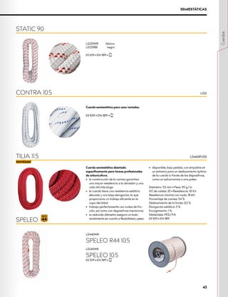 SEMIESTÁTICAS
Cuerda semiestática para usos variados.
XCE 1019 • EN 1891 • XUIAA
CONTRA 10.5 L026
L0440WR
SPELEO R44 10.5
L0240WR
SPELEO 10.5
XCE 1019 • EN 1891 • XUIAA
Cuerda semiestática diseñada
específicamente para tareas profesionales
de arboricultura.
•	 la construcción de la camisa garantiza
una mayor resistencia a la abrasión y una
vida útil más larga
•	 la cuerda tiene una resistencia estática
elevada y una baja elongación, lo que
proporciona un trabajo eficiente en la
copa del árbol
•	 trabaja perfectamente con nudos de fric-
ción, así como con dispositivos mecánicos
•	 su reducido diámetro asegura un buen
rendimiento en cuanto a flexibilidad y peso
•	 disponible, bajo pedido, con empalme en
un extremo para un deslizamiento óptimo
de la cuerda a través de los dispositivos,
como un salvarramas o una polea
Diámetro: 11,5 mm • Peso: 90 g/m
Nº de caídas: 20 • Resistencia: 30 Kn
Resistencia mínima con nudo: 18 kN
Porcentaje de camisa: 54 %
Deslizamiento de la funda: 0,5 % 	
Elongación estática: 3 %
Encogimiento: 1 %
Materiales: PES/PA
XCE 1019 • EN 1891
SPELEO
TILIA 11.5
L0220WR	blanco
L0220BB	negro
XCE 1019 • EN 1891 • XUIAA
STATIC 9.0
L0460RV00
Cuerdas
43
 