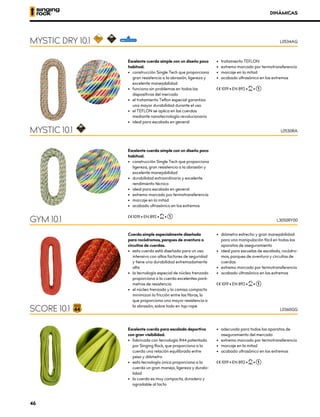 DINÁMICAS
Excelente cuerda simple con un diseño poco
habitual.
•	 construcción Single Tech que proporciona
ligereza, gran resistencia a la abrasión y
excelente manejabilidad
•	 durabilidad extraordinaria y excelente
rendimiento técnico
•	 ideal para escalada en general
•	 extremo marcado por termotransferencia
•	 marcaje en la mitad
•	 acabado ultrasónico en los extremos
XCE 1019 • EN 892 • XUIAA •
MYSTIC 10.1 L0530RA
Cuerda simple especialmente diseñada
para rocódromos, parques de aventura o
circuitos de cuerdas.
•	 esta cuerda está diseñada para un uso
intensivo con altos factores de seguridad
y tiene una durabilidad extremadamente
	alta
•	 la tecnología especial de núcleo trenzado
proporciona a la cuerda excelentes pará-
metros de resistencia
•	 el núcleo trenzado y la camisa compacta
minimizan la fricción entre las fibras, lo
que proporciona una mayor resistencia a
la abrasión, sobre todo en top-rope
•	 diámetro estrecho y gran manejabilidad
para una manipulación fácil en todos los
aparatos de aseguramiento
•	 ideal para escuelas de escalada, rocódro-
mos, parques de aventura y circuitos de
cuerdas
•	 extremo marcado por termotransferencia
•	 acabado ultrasónico en los extremos
XCE 1019 • EN 892 • XUIAA •
Excelente cuerda para escalada deportiva
con gran visibilidad.
•	 fabricada con tecnología R44 patentada
por Singing Rock, que proporciona a la
cuerda una relación equilibrada entre
	 peso y diámetro
•	 esta tecnología única proporciona a la
cuerda un gran manejo, ligereza y durabi-
lidad
•	 la cuerda es muy compacta, duradera y
agradable al tacto
•	 adecuada para todos los aparatos de
aseguramiento del mercado
•	 extremo marcado por termotransferencia
•	 marcaje en la mitad
•	 acabado ultrasónico en los extremos
XCE 1019 • EN 892 • XUIAA •
GYM 10.1
SCORE 10.1
L3050RY00
L0360GG
Excelente cuerda simple con un diseño poco
habitual.
•	 construcción Single Tech que proporciona
gran resistencia a la abrasión, ligereza y
excelente manejabilidad
•	 funciona sin problemas en todos los
dispositivos del mercado
•	 el tratamiento Teflon especial garantiza
una mayor durabilidad durante el uso
•	 el TEFLON se aplica en las cuerdas
mediante nanotecnología revolucionaria
•	 ideal para escalada en general
•	 tratamiento TEFLON
•	 extremo marcado por termotransferencia
•	 marcaje en la mitad
•	 acabado ultrasónico en los extremos
XCE 1019 • EN 892 • XUIAA •
MYSTIC DRY 10.1 L0534AG
46
 