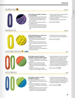 DINÁMICAS
Cuerda ideal para escalada en rocódromo
y en rocas abruptas.
•	 fabricada con tecnología R44 patentada
por Singing Rock, que proporciona a la
cuerda una relación equilibrada entre
peso y diámetro
•	 la cuerda es muy compacta, duradera y
agradable al tacto
•	 la camisa de la cuerda es más gruesa y
ofrece una perfecta resistencia a la abra-
sión a la vez que una buena manejabili-
dad
•	 adecuada para todo tipo de aparatos de
aseguramiento del mercado
•	 extremo marcado por termotransferencia
•	 marcaje en la mitad
•	 acabado ultrasónico en los extremos
XCE 1019 • EN 892 • XUIAA •
DURAN 10.4 L0340AX
Cuerda simple dinámica con alto factor de
seguridad y gran durabilidad.
•	 diseñada para uso intensivo en centros
de formación, escuelas de escalada y
rescate
•	 la camisa de la cuerda es más gruesa y
ofrece una perfecta resistencia a la abra-
sión
•	 adecuada para todo tipo de aparatos de
aseguramiento del mercado
•	 extremo marcado por termotransferencia
•	 marcaje en la mitad
•	 acabado ultrasónico en los extremos
•	 adecuada para cabos de anclaje IRATA
XCE 1019 • EN 892 • XUIAA •
Cuerda doble y gemela con excelente
durabilidad y tratamiento Teflon® especial.
•	 probada y certificada de conformidad
con la norma EN 892 para cuerdas dobles
y gemelas
•	 gracias a nuestro tratamiento Teflon
especial, es ideal para la escalada en
hielo o en condiciones de humedad en la
montaña
•	 el TEFLON se aplica en las cuerdas
mediante nanotecnología revolucionaria
•	 el peso, el diámetro y el número de caídas
se equilibran de tal manera que puede
utilizarse como cuerda doble y gemela
•	 si se utilizan dos, el escalador puede
elegir entre la técnica de cuerda gemela o
la técnica de cuerda doble, según el caso
•	 extremo marcado por termotransferencia
•	 acabado ultrasónico en los extremos
XCE 1019 • EN 892 • XUIAA •
Cuerda doble y gemela con excelente
durabilidad y muy ligera.
•	 cuerda compacta con mínima fricción
entre las fibras, lo que aumenta su durabi-
lidad
•	 probada y certificada de conformidad
con la norma EN 892 para cuerdas dobles
y gemelas
•	 el peso, el diámetro y el número de caídas
se equilibran de tal manera que puede
utilizarse como cuerda doble y gemela
•	 si se utilizan dos, el escalador puede
elegir entre la técnica de cuerda gemela o
la técnica de cuerda doble, según el caso
•	 extremo marcado por termotransferencia
•	 acabado ultrasónico en los extremos
XCE 1019 • EN 892 • XUIAA •
PATRON 11.0
ACCORD DRY 8.3
ACCORD 8.3
L0540YX
L0514
L0510
Cuerdas
47
 