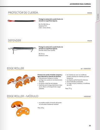 Protector de cuerda articulado compacto y
ligero fabricado en aleación de aluminio.
•	 indicado para trabajar en aristas
•	 protege una cuerda en movimiento de la
abrasión
•	 se ajusta a todo tipo de trabajos
•	 diseñado para la seguridad de los traba-
jos en altura o el transporte de cargas
pesadas
•	 los módulos se unen con maillones:
pueden añadirse los módulos que sean
necesarios
•	 se adaptan perfectamente al terreno
•	 placas laterales anodizadas
•	 un juego incluye 3 módulos y 4 maillones
de unión
Peso: 777 g
•	 es posible ampliar el tamaño del protec-
tor articulado añadiendo módulos
Peso: 232 g
EDGE ROLLER
EDGE ROLLER – MÓDULO
set – K0050OS03
K0050OS01
Protege la camisa de la cuerda frente a la
abrasión en superficies ásperas.
50/70/100/120 cm
Material; PVC
Color: varios colores
Protege la camisa de la cuerda frente a la
abrasión en superficies ásperas.
Permite colocar dos cuerdas.
80/20 cm
Material: Cortex
PROTECTOR DE CUERDA
DEFENDER
W8100B
W1027B
ACCESORIOS PARA CUERDAS
Cuerdas
51
 