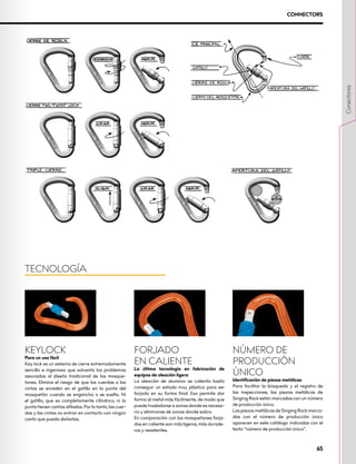 CONNECTORS
TECNOLOGÍA
KEYLOCK
Para un uso fácil
Key lock es un sistema de cierre extremadamente
sencillo e ingenioso que solventa los problemas
asociados al diseño tradicional de los mosque-
tones. Elimina el riesgo de que las cuerdas o las
cintas se enreden en el gatillo en la punta del
mosquetón cuando se engancha o se suelta. Ni
el gatillo, que es completamente cilíndrico, ni la
punta tienen cantos afilados. Por lo tanto, las cuer-
das y las cintas no entran en contacto con ningún
canto que pueda dañarlas.
FORJADO 		
EN CALIENTE
La última tecnología en fabricación de
equipos de aleación ligera
La aleación de aluminio se calienta hasta
conseguir un estado muy plástico para ser
forjado en su forma final. Eso permite dar
forma al metal más fácilmente, de modo que
puede trasladarse a zonas donde es necesa-
rio y eliminarse de zonas donde sobra.
En comparación con los mosquetones forja-
dos en caliente son más ligeros, más durade-
ros y resistentes.
NÚMERO DE
PRODUCCIÓN
ÚNICO
Identificación de piezas metálicas
Para facilitar la búsqueda y el registro de
las inspecciones, las piezas metálicas de
Singing Rock están marcadas con un número
de producción único.
Las piezas metálicas de Singing Rock marca-
das con el número de producción único
aparecen en este catálogo indicadas con el
texto “número de producción único“.
65
Conectores
 